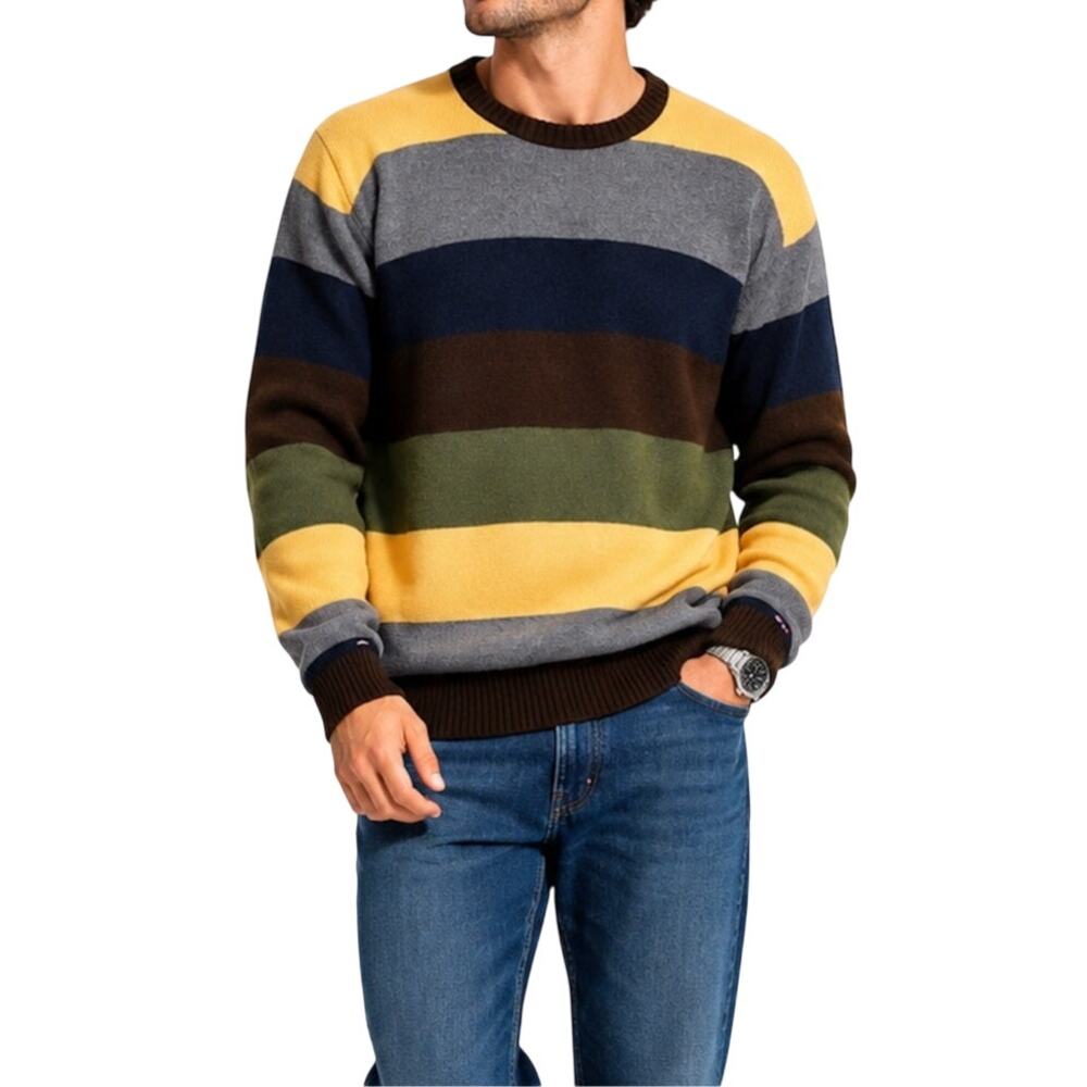 Tommy Hilfiger Men's Knit Striped Crewneck Sweater Large Blue Brown Green